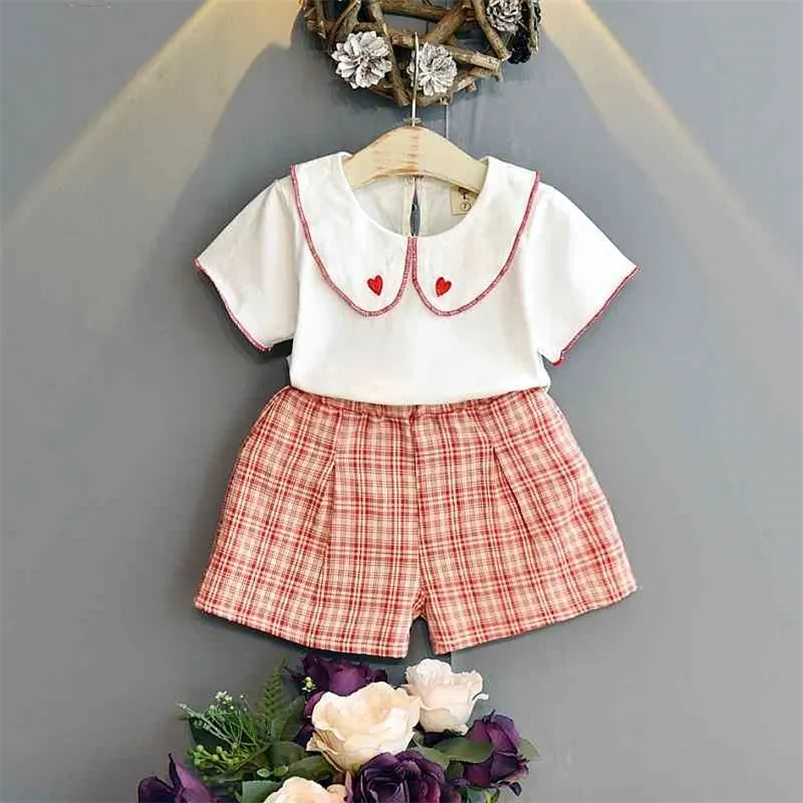 Summer Kids Clothes Love Embroidery Shor Sleeve Shirt&plaid Shorts Cute Little Girls Clothing Set Korean Children Outfits 210715