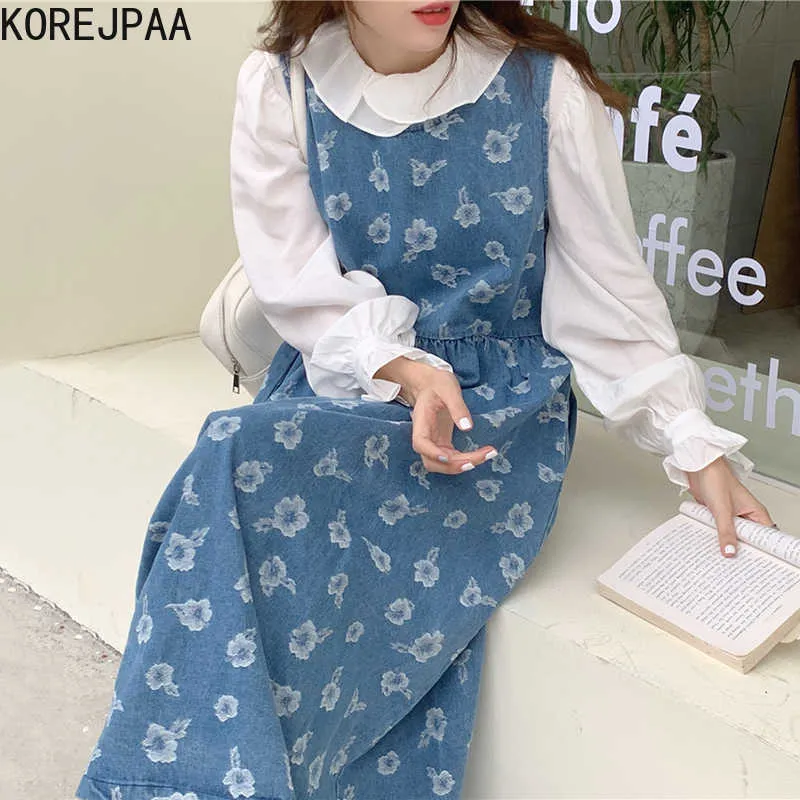 Korejpaa mulheres vestido conjuntos coreano elegante boneca colarinho plissado camisa de mangas compridas e azul solto Denim Skirt Skirt 210526