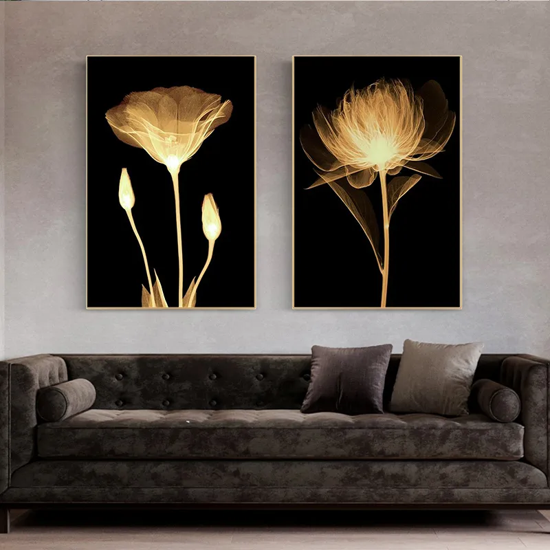 Fiori giallo chiaro Dipinti su tela Fiori astratti su terra nera Poster da parete Immagini di arte moderna per la decorazione del soggiorno