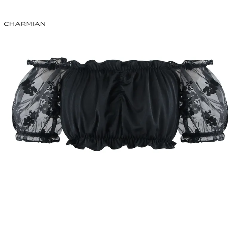 Charmian Sexy Summer Noir Hors Épaule Crop Top Victorien Gothique Lolita Floral Dentelle Court Top Blanc Femmes Vêtements À Manches Courtes 210324