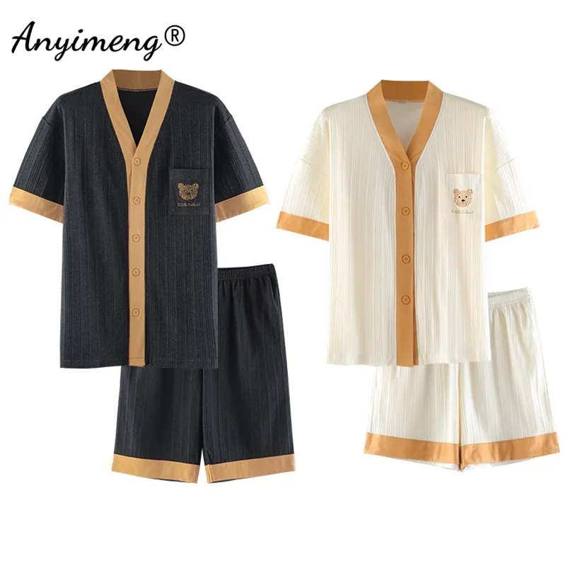 カップルパジャマ日本の着物のスタイルの夜ピジャマステクスチャコットン半袖ボタンカーディガンピジャマクマ印刷カップルPJ 210901