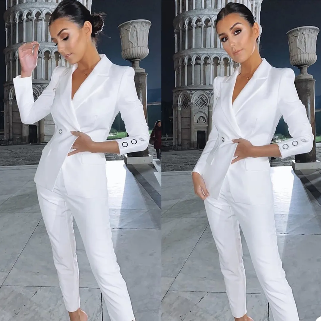 White Women Blazer Suits Sexy V Neck Double Breasted Formal Office Lady Pants Suit Prom Party Wedding (Jacket+Pants)