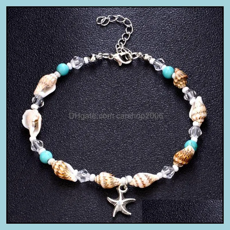 beach anklets set chain women`s shell starfish multi-layer beaded Bohemian handmade