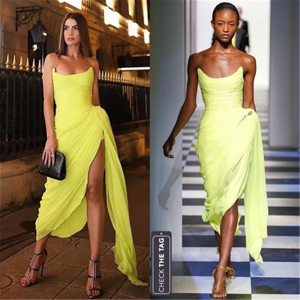 Simple Sheath Yellow Evening Dresses Long Prom Gowns Side Slit Pleat Chiffon Women Evening Dresses288F