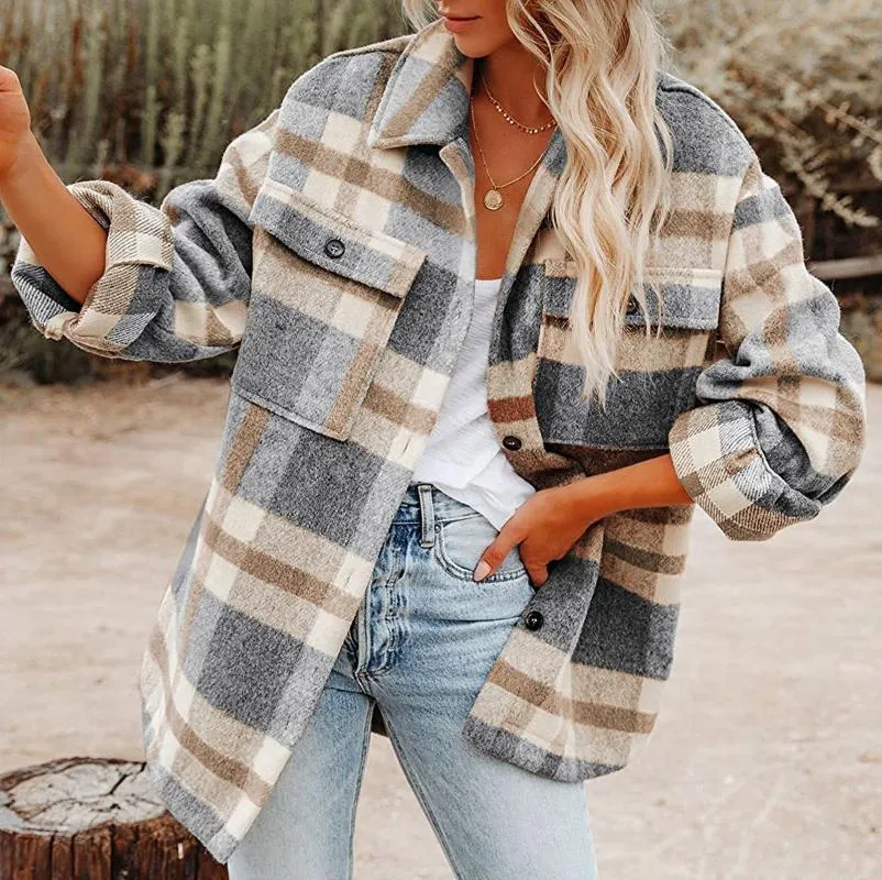 Vrouwen Jassen Vrouwen Geborsteld Plaid Shirts Lange Mouwen Flanel Revers Button Down Pocketed Shacket Jas Jassen Streetwear Uitloper D102 #