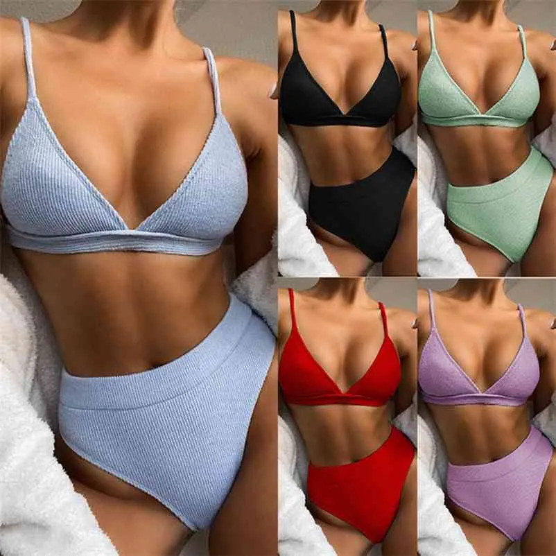 Women's Swimsuits Beach Wear Solid Color Sexy Bikini Two Pieces Clothing High Waist Swimwear Set 210621