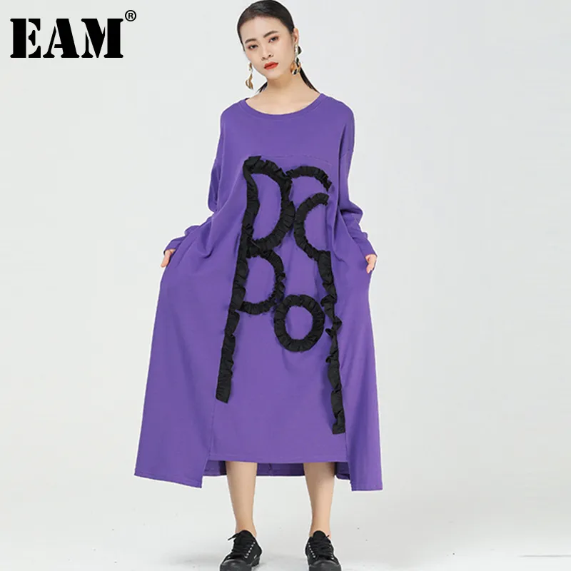 [EAM] Kobiety Purpurowy Duży Rozmiar Drukowana Długa Sukienka Okrągły Neck Z Długim Rękawem Loose Fit Moda Wiosna Jesień 1DD5919 210512