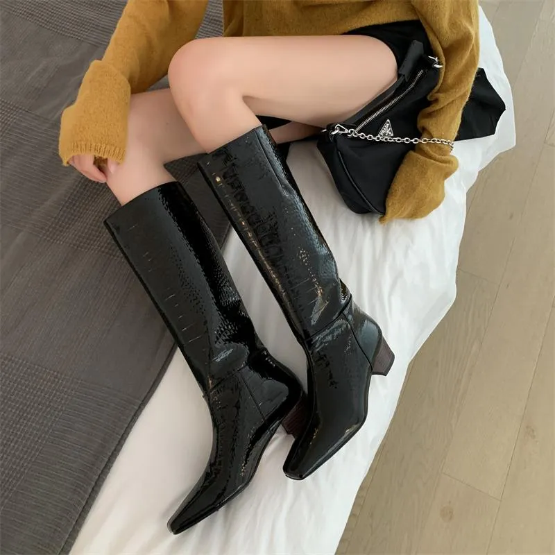 Boots Winter Shoes Women's High Knee Patent Leather British Style Motorcycle Female Riding Femme