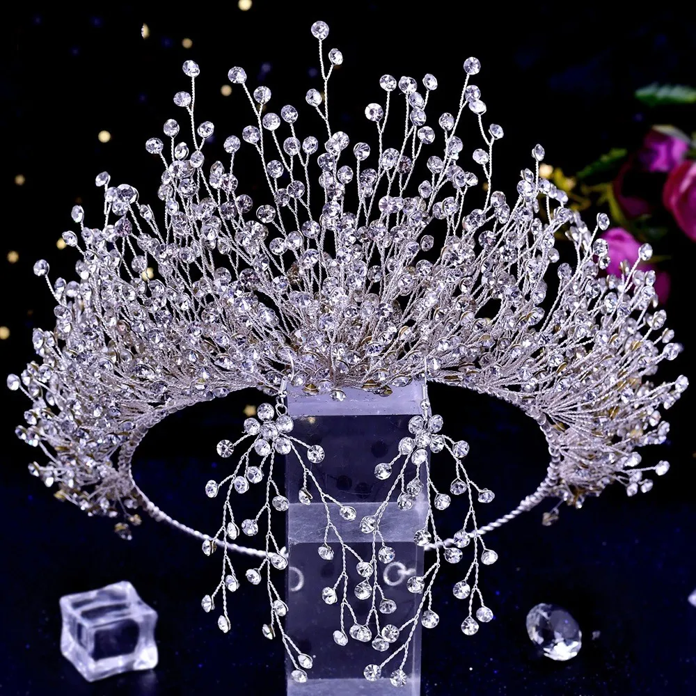 Diadema Da Sposa Argento Con Fiori E Strass Cristallo - Cerimonia Ballo V930 (fatto A Mano)