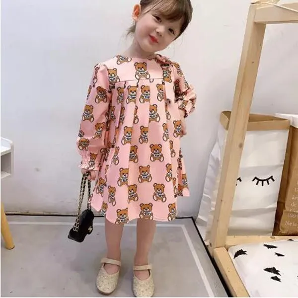 2022 Spring Summer New Dress Fashion Brand Cartoon Letter Style Kids Girl Clothes Long-sleeved Bear Print Dress Baby Girls Princess Dresses 2-10 Year