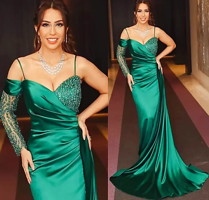 Arabic 2022 Plus Size Aso Ebi Hunter Green Sexy Prom Dresses Sheath High Split Evening Formal Party Second Reception Bridesmaid Birthday Gowns Dress