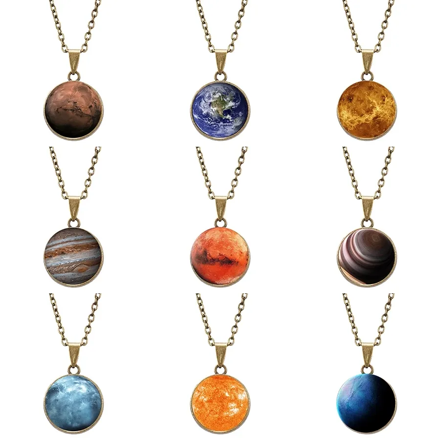 Retro Nebula Galaxy Double Sided Pendant Necklaces Universe Planet Jewelry Glass Cabochon Handmade Luminous Necklaces for Unisex