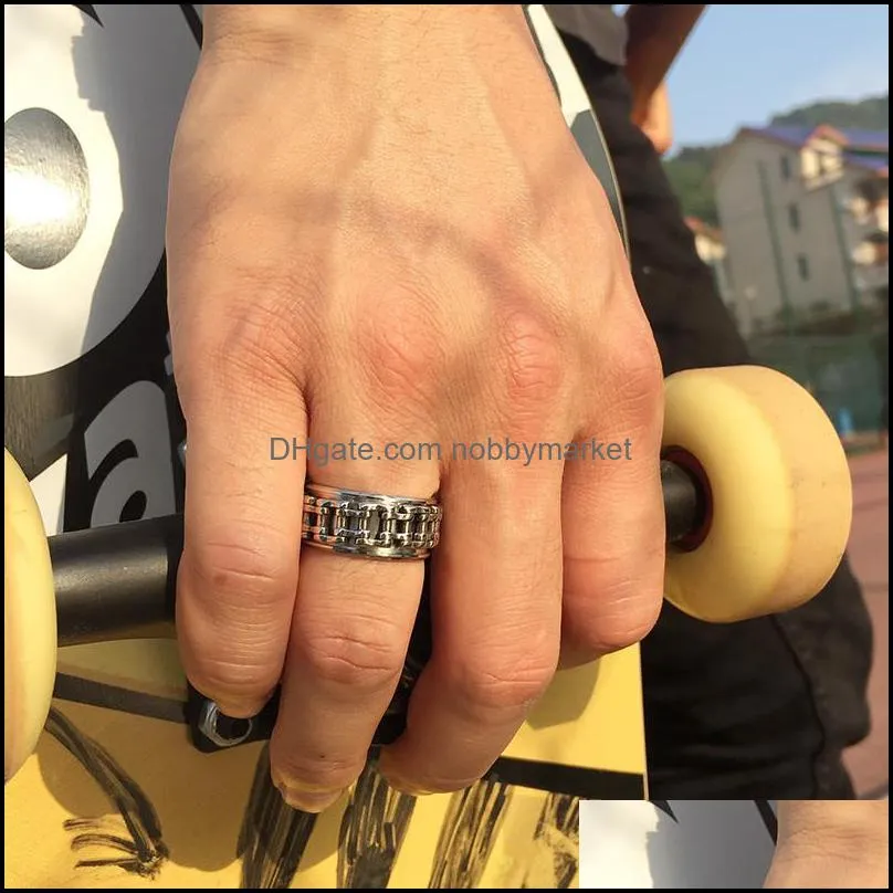 Hip Hop Men Ring Motorcycle Biker Bicycle Chain Stainless Steel Wedding Spinner Rock Male Jewelry