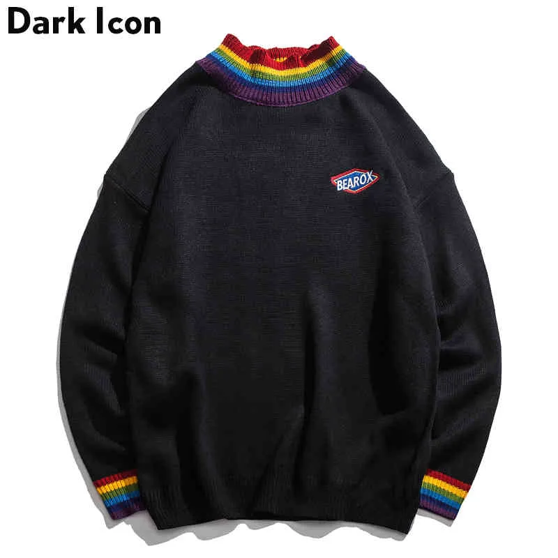 DARK ICON Regenbogen-Kragen-Pullover für Herren, Winter, lockerer Stil für Herren, High-Street-Pullover, Schwarz, Weiß