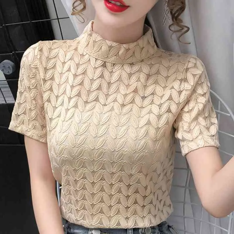 Blouses Short Sleeve Summer Lace Blouse Shirt Tops Blouse Women Blusas Mujer De Moda Turtleneck Hollow Blouse Blusas E663 210426