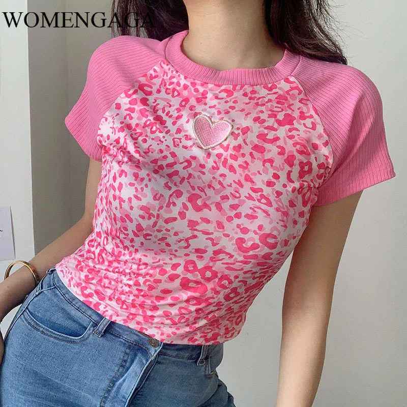 Womengaga Summer Women's Pink Broderad Leopard Print Short-Sleeve Slim Navel T-shirt för tjejer Toppar 0lpf 210603