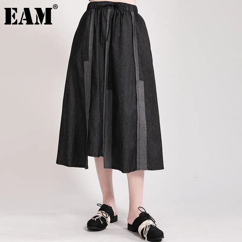 [EAM] Hög elastisk midja Svart Spliced ​​Denim Asymmetrisk Halvkroppsskjor Kvinnor Mode Vår Höst 1DD7509 21512