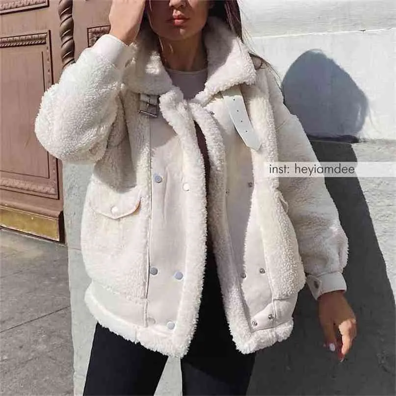 cappotto di pelliccia di agnello autunnale e invernale femminile versione coreana giacca da motociclista all-in-one in pelle scamosciata sciolta 210922