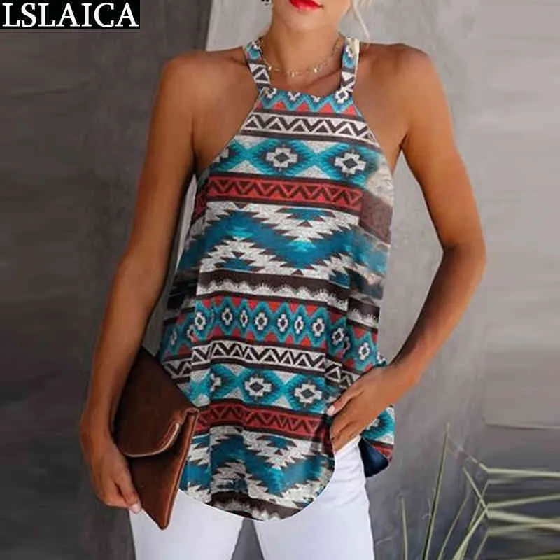 Venda Por Atacado Verão Top Sem Mangas Imprimir Moda Halter Tanque Casual Chic Party Club T-shirt das Mulheres Streetwear Sexy Feminino 210520