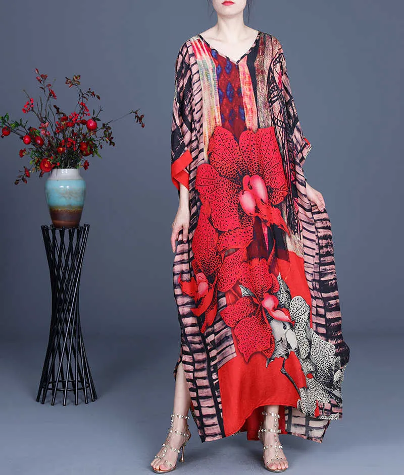 バノビッチ中国風スタンディングドレス女性夏Vネックレディースプリントプラスサイズの気質服210615
