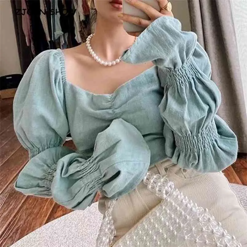 Retro Elastic Ruched High Waist Cropped Shirt Sexy Women Square Collar Pullover Blouse Long Sleep Leg Sleeve Tops 210429