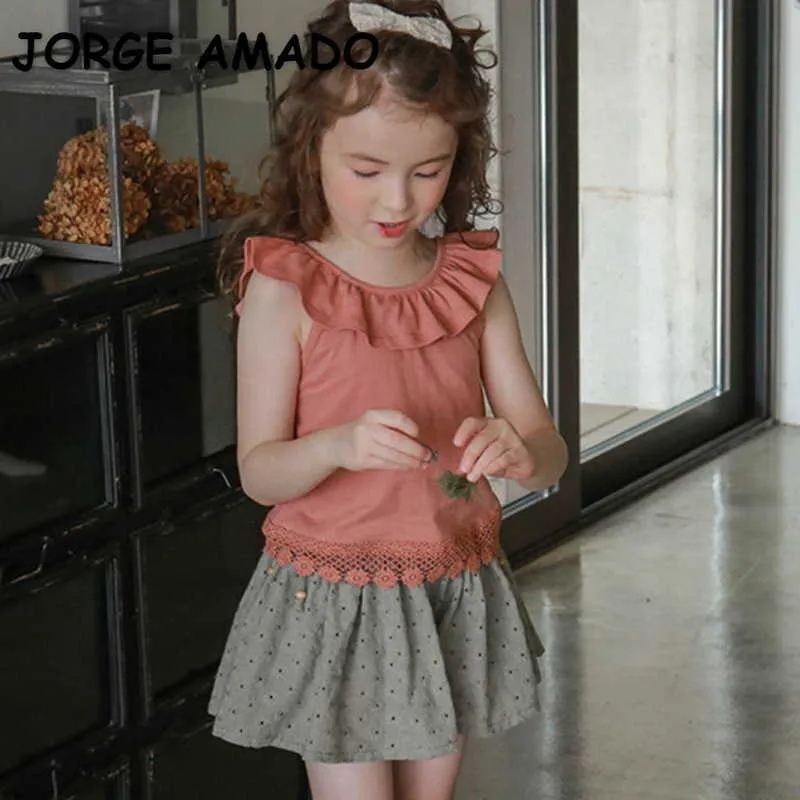 Estilo Coreano Verão Adolescentes Meninas T-Shirt Cor Sólida Ruffles Sem Mangas Blusas Doce Crianças Roupas E617 210610