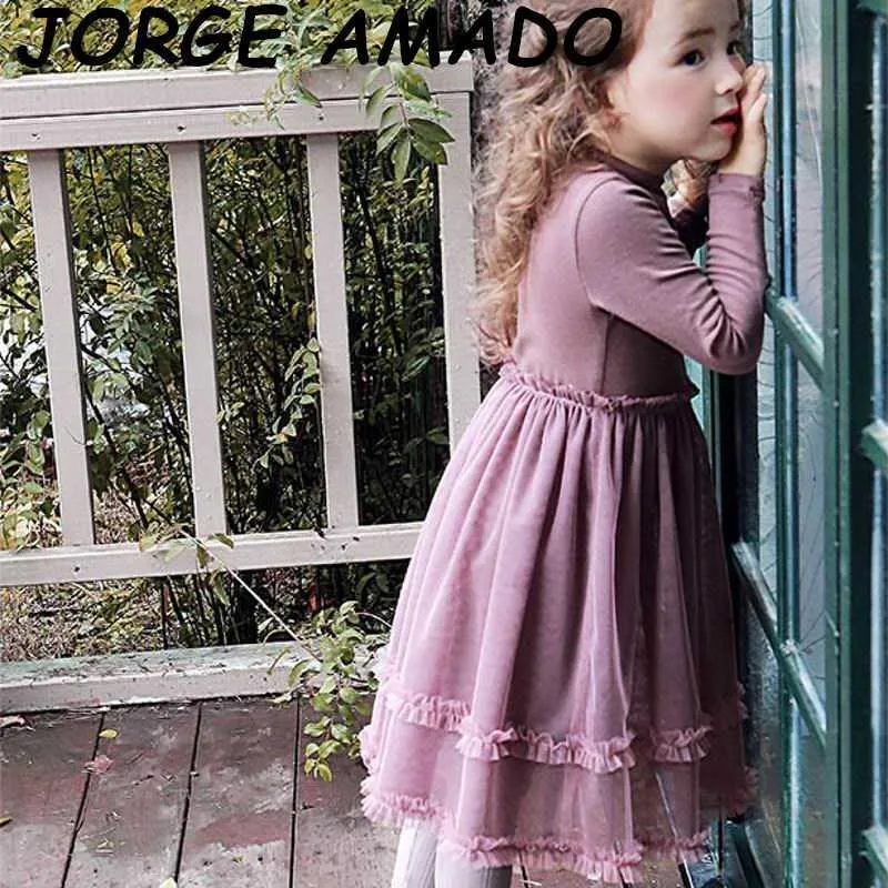 Abito da principessa per ragazza Autunno e inverno Moda soffice garza a maniche lunghe Abbigliamento per bambini 2-8 anni E20643 210610