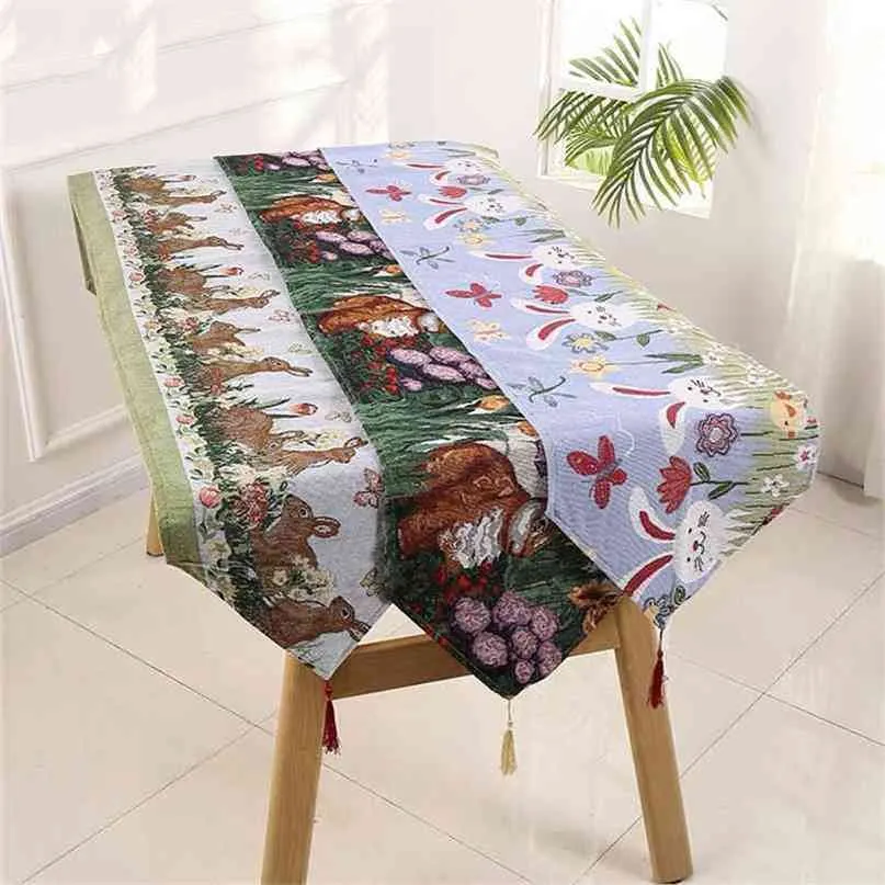 Easter Bunny Eggs Funny Simple Polyester Embroidery Kawaii Tassel Table Runner Fabric Soft Rabbit Pattern Tablecloth 210709