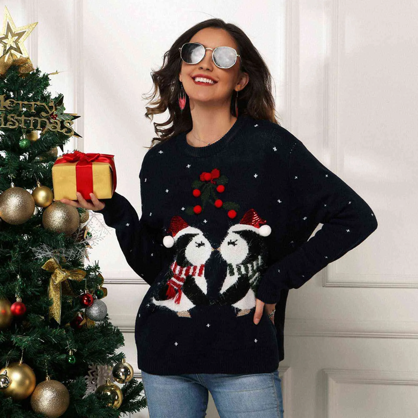 Kvinnors tröja jul söt liten pingvin mönster tröja fransad boll furry tröja höst vinter mode stickade pullovers y1110