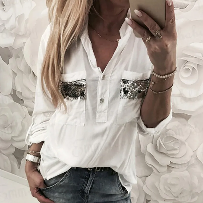 Vrouwen witte blouse lange mouw knop-down low cut blouse witte casual shirt tops mode kleding 210522