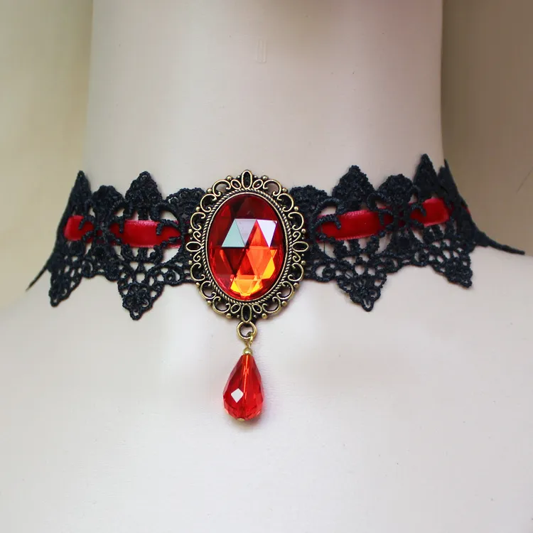 Vintage Choker Necklace: Goth Lace Jewelry With Bronze Stone And Black ...