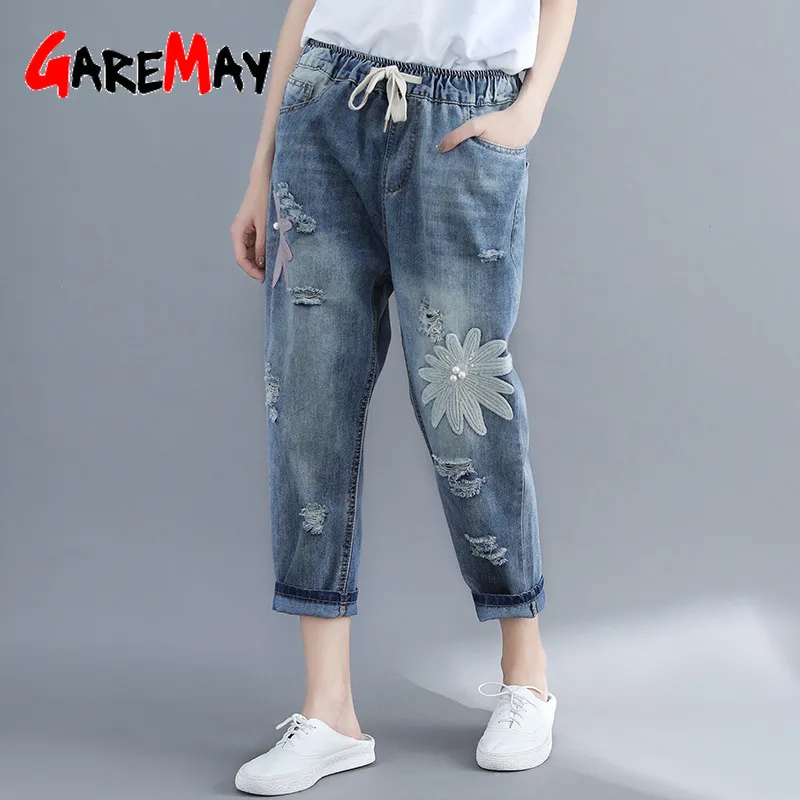 Light Blue Distressed Ripped Jeans For Women Boyfriends Midi Loose Hole Summer With Elastic Female Plus Size High Waist 210428