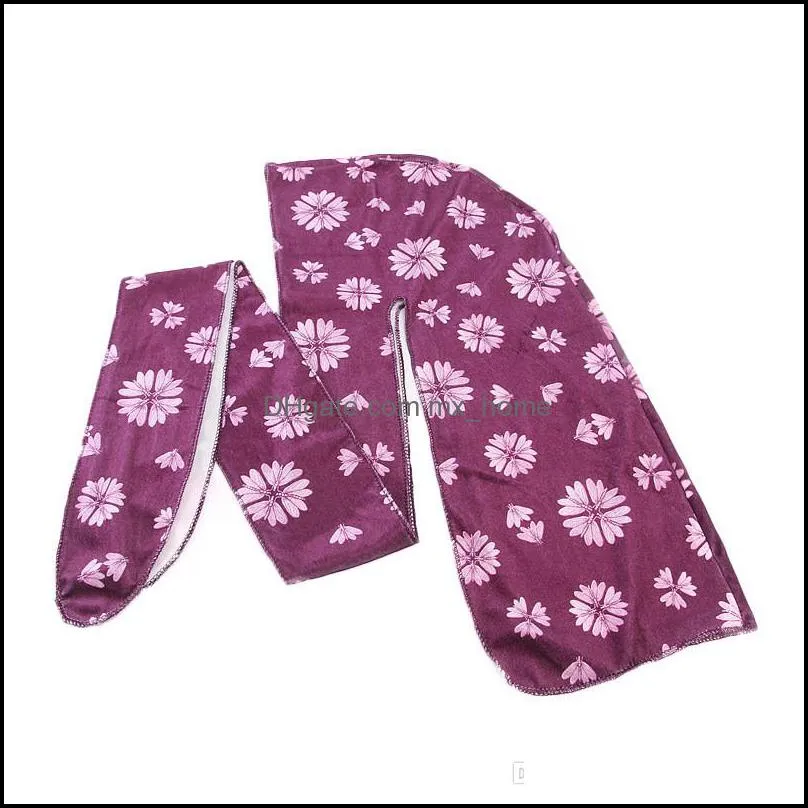 NEW Textile Velvet Print Floral Durag Long Tail Wide Straps du rag Bandanas doo rag Turban Headband Flower Hair Accessories