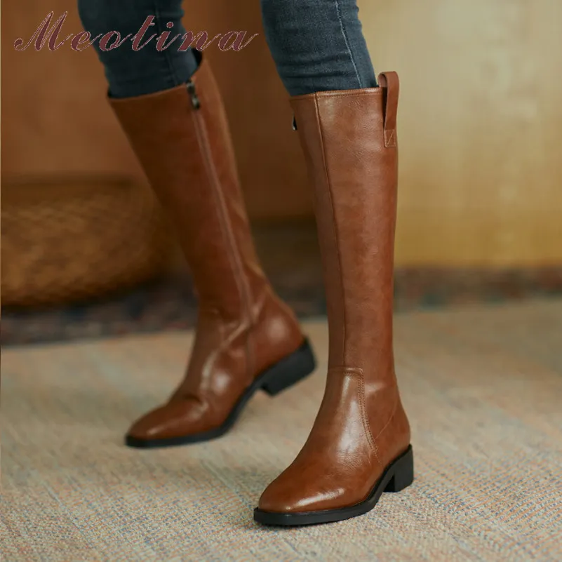 Med Heel Riding Boots Woman Block Knee High Zipper Square Toe Long Female Shoes Autumn Winter Brown 40 210517