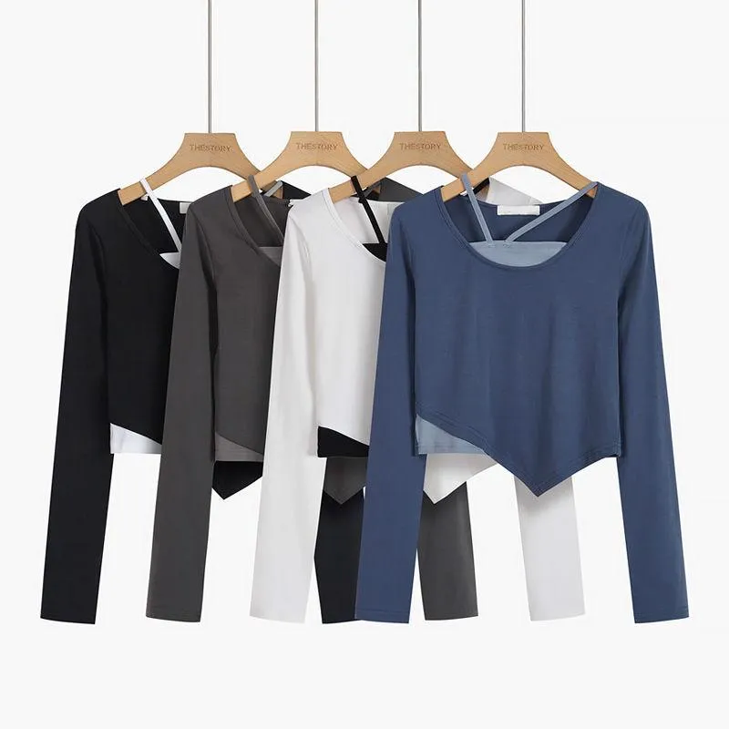 T-Shirt Femme Y2K Manches Longues Bleu Noir Sling Femmes Crop Top T-shirts Mode Coréen Goth Streetwear Harajuku Esthétique Gilet T-shirts Caillot