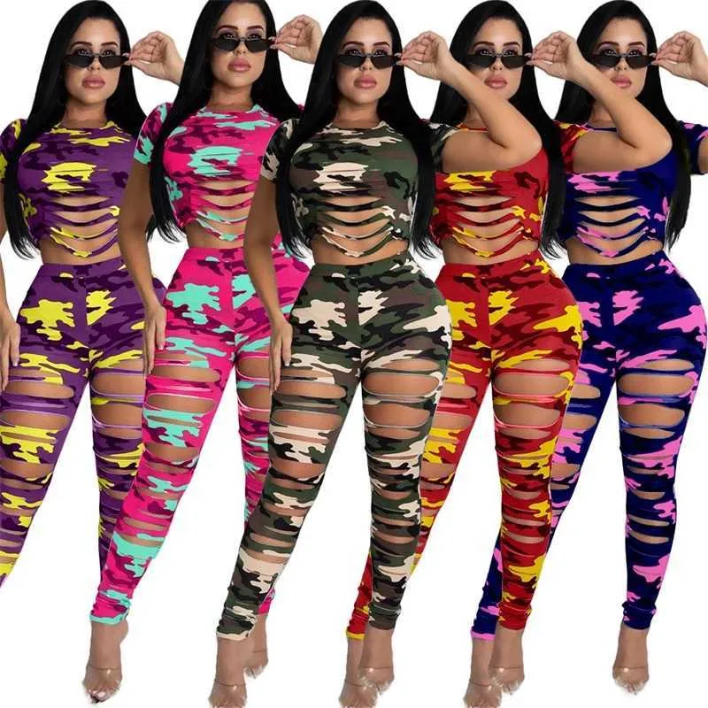 Kvinnor Två Piece Long Pant Tracksuits Designer 2021 Hål Camouflage Utskrift Fritid Sports Suit Ladies Fashion Outfits