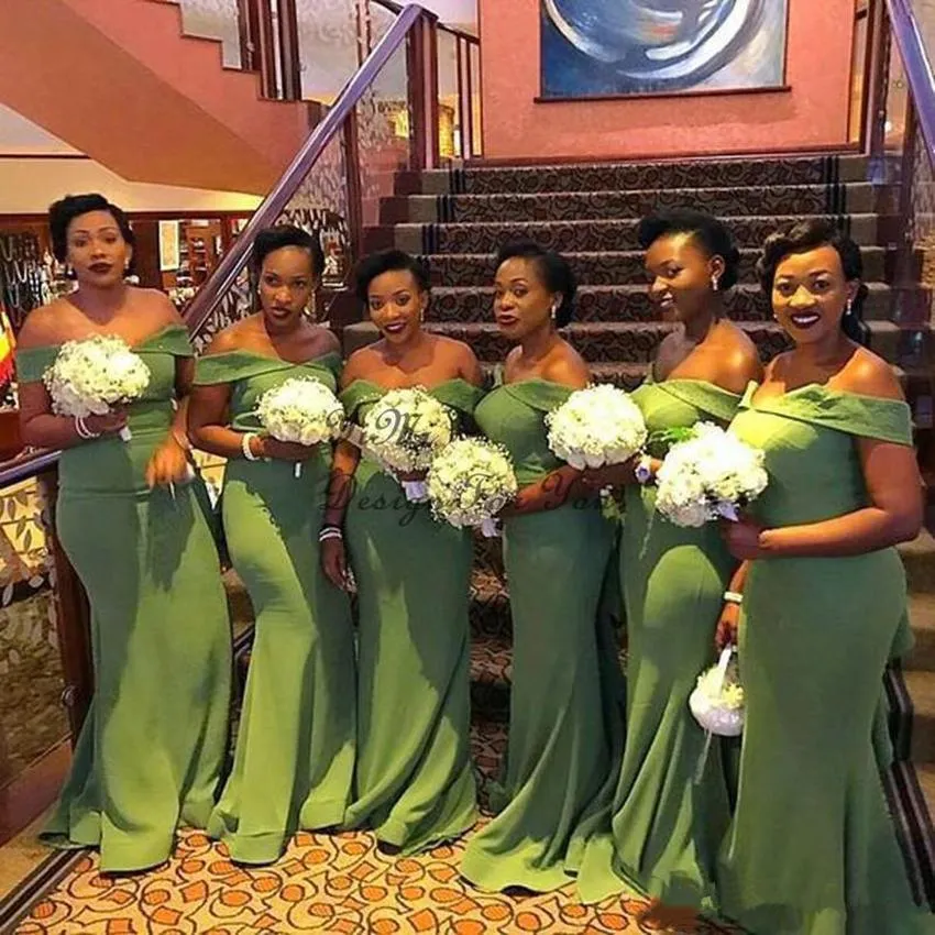 Grüne Brautjungfernkleider in Übergröße, schulterfrei, nach Maß, Meerjungfrau, Sweep-Zug, Trauzeugin-Kleid, Hochzeitsgastkleidung, Vestidos