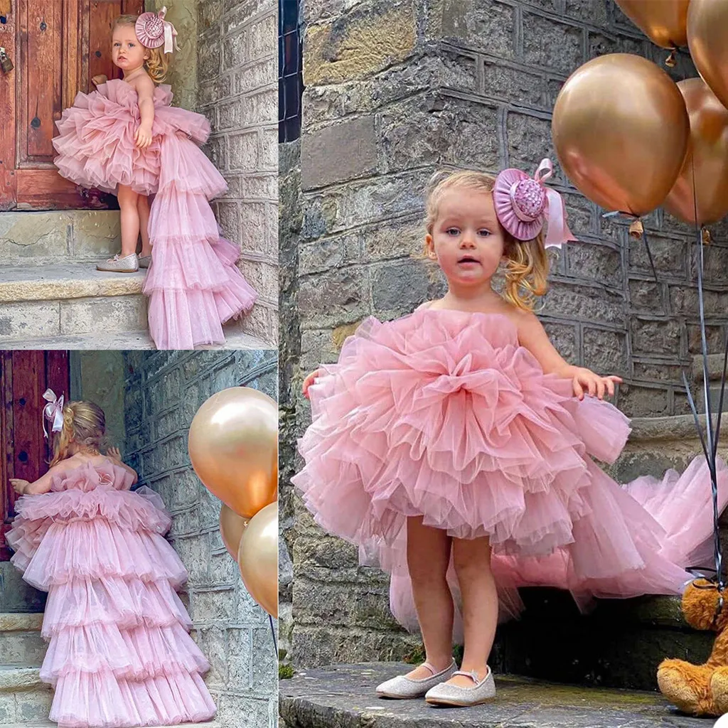 2021 Photoshoot Flower Girls' Dresses Sexy Hi-Lo Little Girls Ruffled Tulle Long Skirts Formal Wear Kids Birthday Party Dress