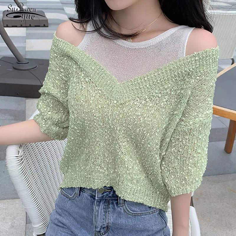 Koreański luźny wycięcie szyi z dzianiny Bluzka Kobiety Lato Splice Dwuczęściowy Krótki Rękaw Top Thin Pullover Krótki Moda 9775 210427