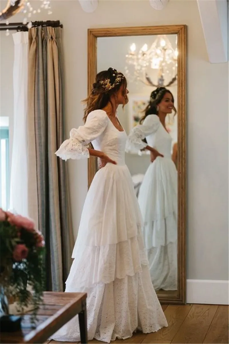 Vestido de novia bohemio rústico Vintage encaje bohemio una línea vestido de novia mangas farol vestidos de boda de princesa con gradas país Verng2405