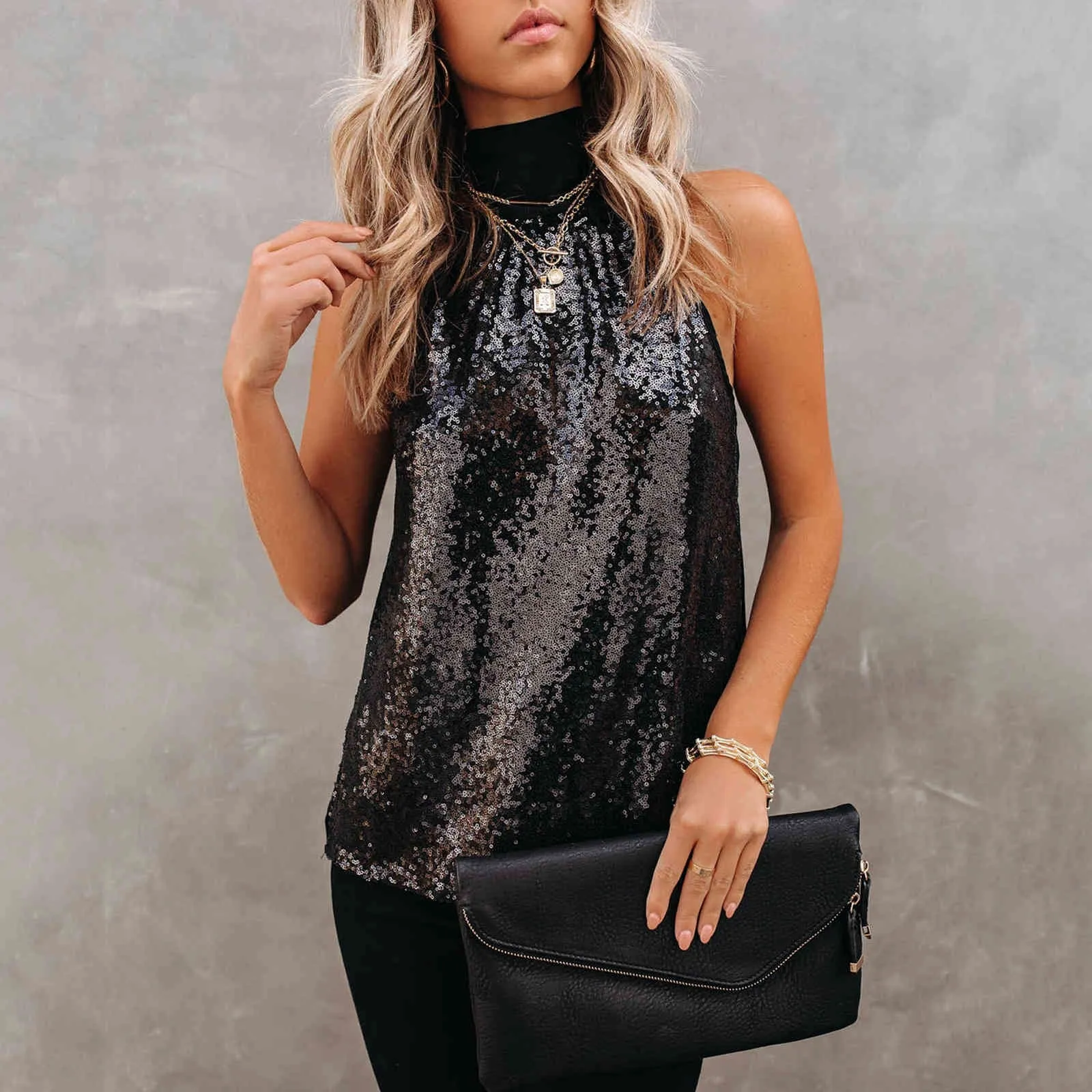 black sequin sleeveless blouse