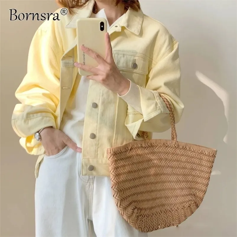 Bornsra Stylish 100％コットンデニムジャケット女性春シングルブレストポケットの出雲黄色コートジーンズジャケットの女性210722