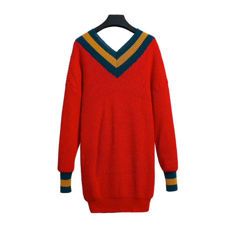 PERHAPS U Women V Neck Knitted Pullovers Long Sleeve Knee Length Red Loose Straight Winter Dress M0771 210529