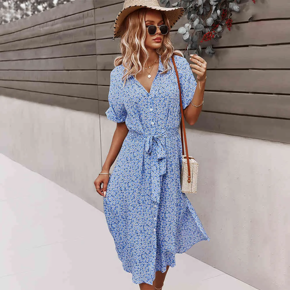 A-Line Print Printed dress for womens casual holiday style summer sexy big swing long Dress boho Button dress vestidos 210514