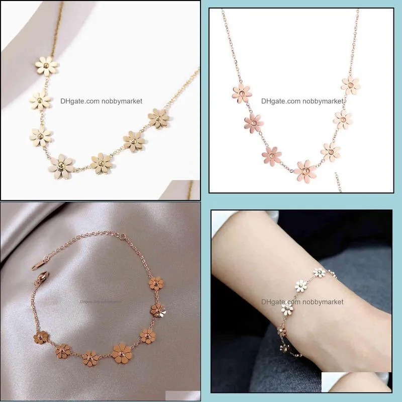 Korean version small  seven flowers daisy Bracelet Anklet women fashion titanium steel 18k rose gold flower hand jewelry