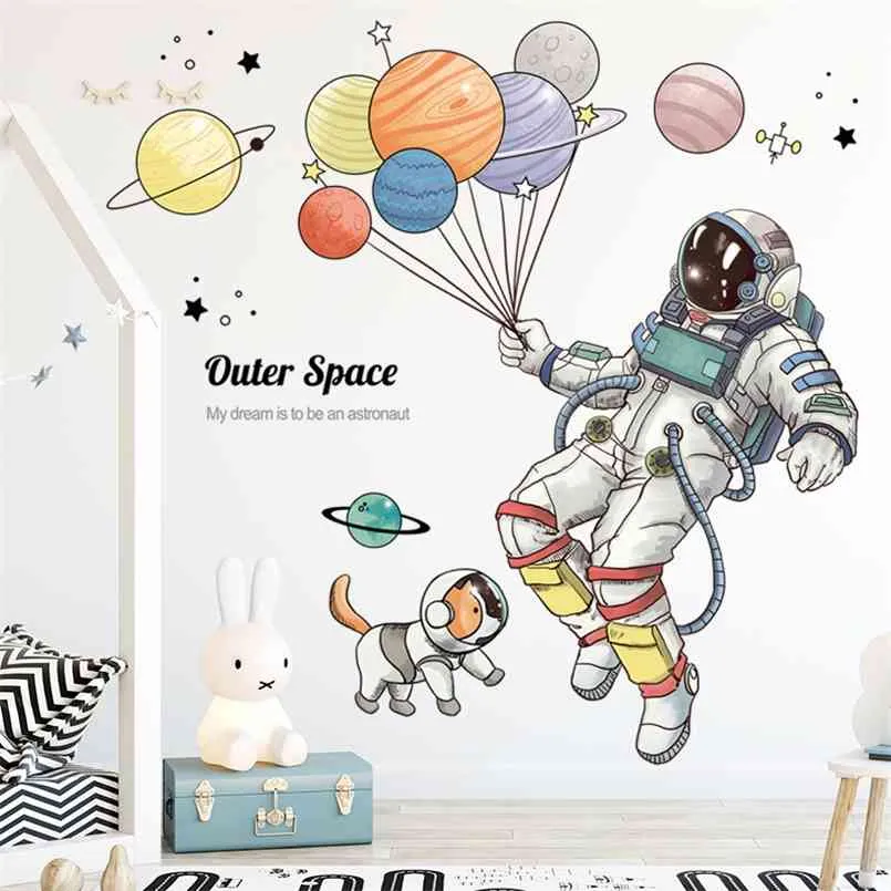 Espaço exterior dos desenhos animados Astronauta Adesivo de Parede para Kids Rooms Berçário Removível Parede Decoração de Vinil Balão Adesivo Decalques Decalque Home Decor 210914
