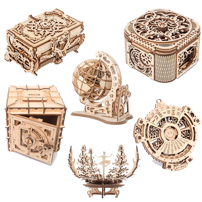 Nowe łamigłówki Toys 3D drewniany model mechanicznej transmisji Uguter muzyka biżuteria montaż DIY Secret Treasure Box Box