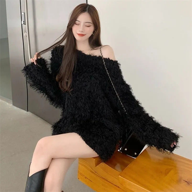 Autumn and Winter Korean Version of The Sweet Careful Machine Open Back Wide Loose Mid-length Sweater Women GX1283 210507