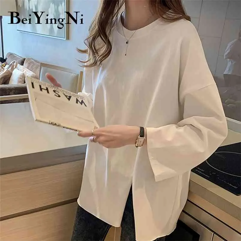 Beiyingni T-shirt allentata taglie forti Donna manica lunga Casual Vintage Split Top Donna Primavera Autunno BF T-shirt in cotone tinta unita Donna 210623