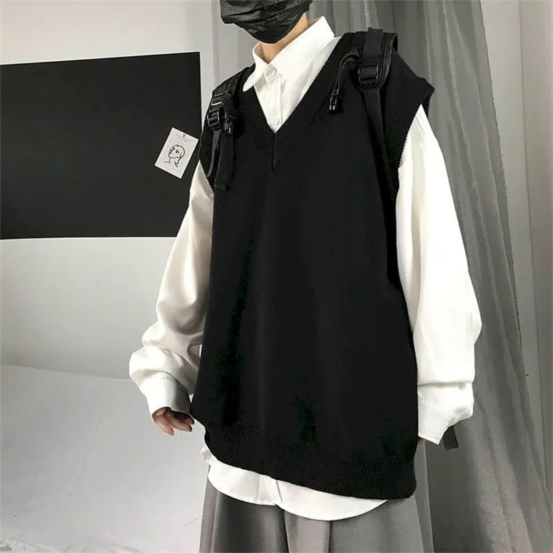 Mężczyźni Sweter Kamizelka Jesień Solidna Kolor Dzianiny Męski Koreański Stylowy Trend Luźny V-Neck Bez Rękawów Waistcoat College 211006